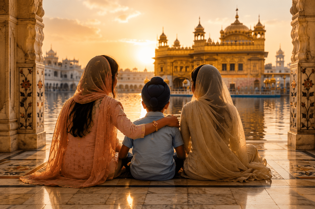 Two elder sisters with their younger brother at Gurudwara Sahib