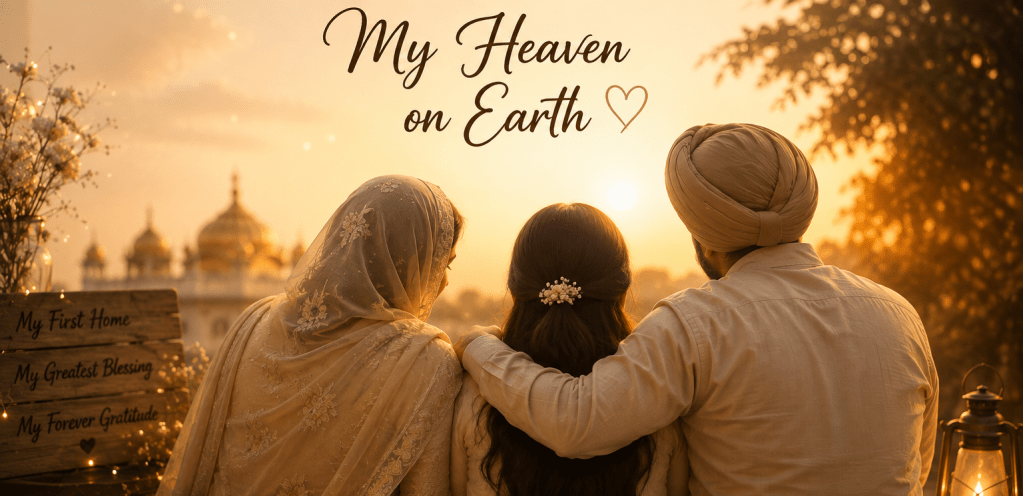 Sikh daughter sitting with her mother and father in a peaceful golden-hour setting